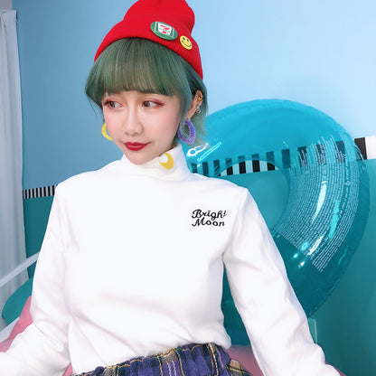 Girl Heart Moon Embroidery Soft Girl Senior Autumn Winter Long Sleeve Top