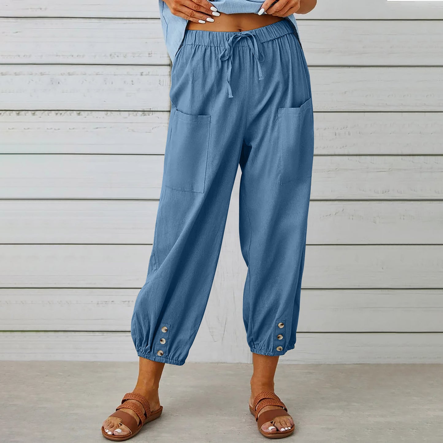 Women Drawstring Tie Pants Spring Summer Cotton And Linen Trousers With Pockets Button - KuzuSHOP