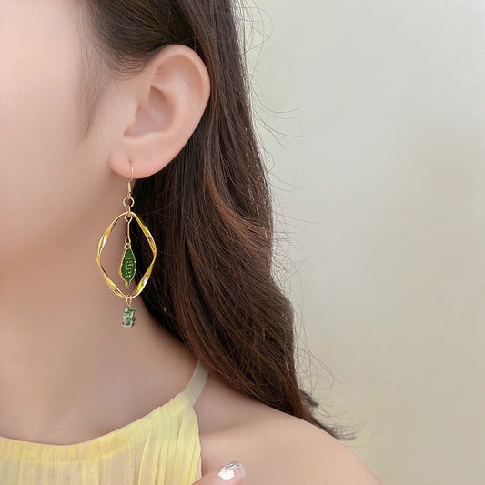 Retro Mori Style Green Bird Earrings Geometric Leaf Ear Clip - KuzuSHOP