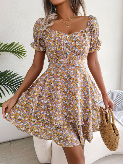 Women Mini Dress Temperament Big Swing Loose Hem Flower Print Shirring Dress Up Short Sleeves High Waist Summer Dress Clothes - KuzuSHOP
