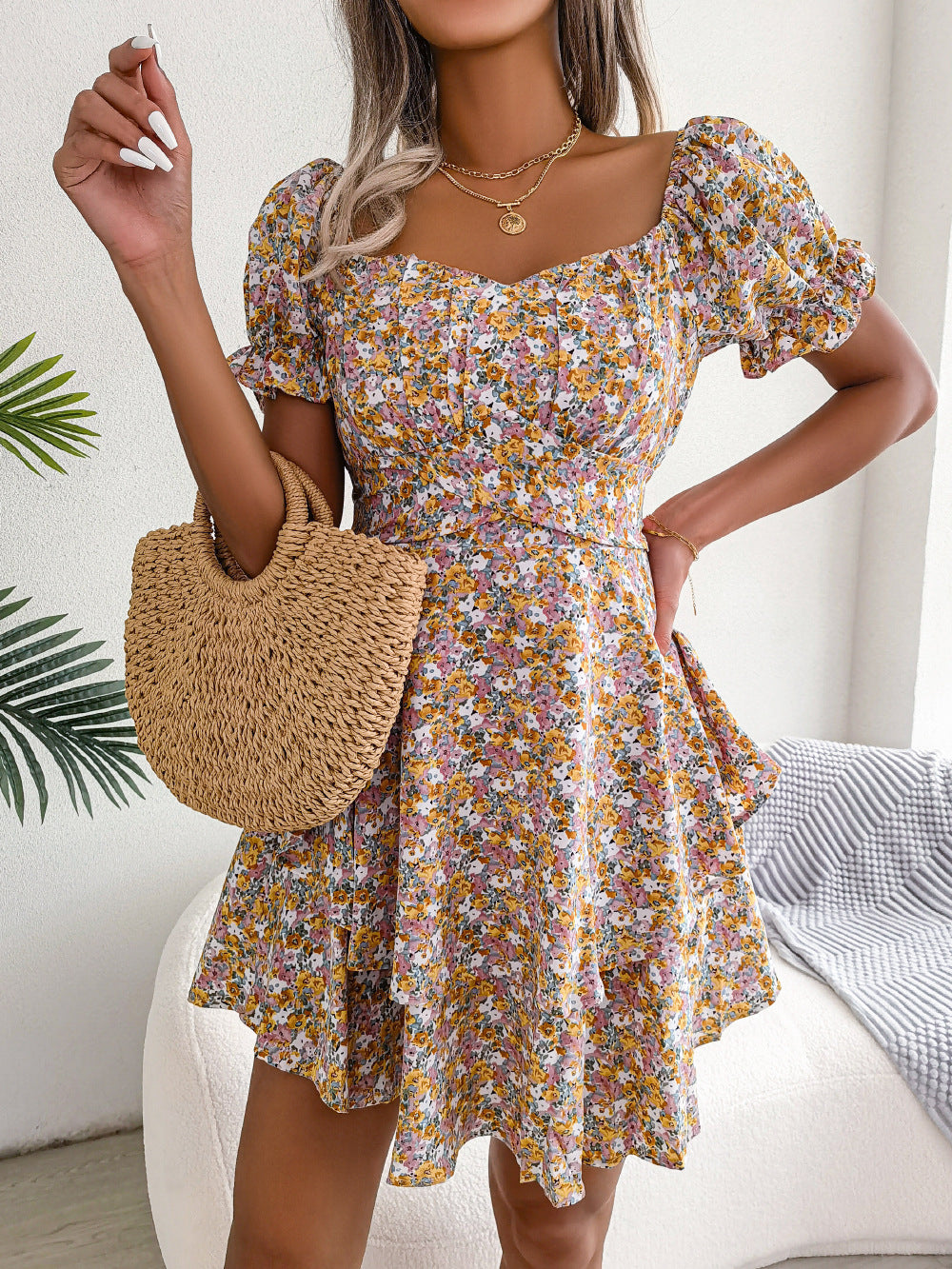 Women Mini Dress Temperament Big Swing Loose Hem Flower Print Shirring Dress Up Short Sleeves High Waist Summer Dress Clothes - KuzuSHOP