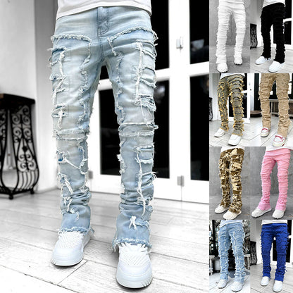 Men Trousers Individual Patched Pants Long Tight Fit Stacked Jeans For Mens Clothing - KuzuSHOP