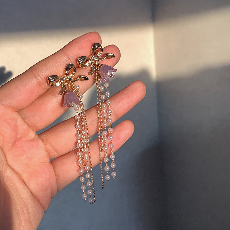 Romantic Earrings Lavender Linglan Pearl Tassel Ear Clip - KuzuSHOP