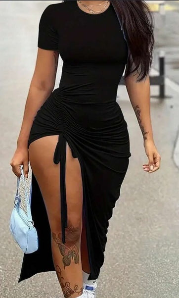Ladies Solid Color Drawstring Split Design Bodycon Dress - KuzuSHOP