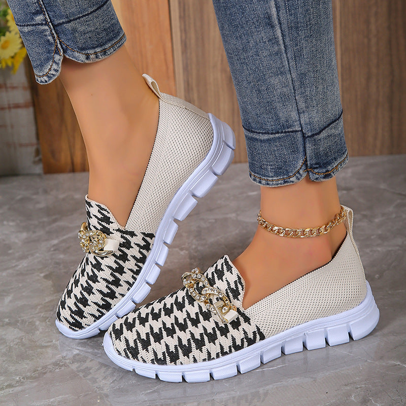 Casual Houndstooth Print Chain Mesh Shoes Summer Walking Sports Flat Shoes Women Breathable Loafers - KuzuSHOP