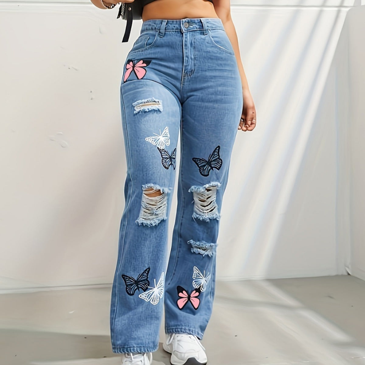 High Waisted Straight Leg Jeans For Women Trendy Butterfly Print Ripped Distressed Denim Pants - KuzuSHOP
