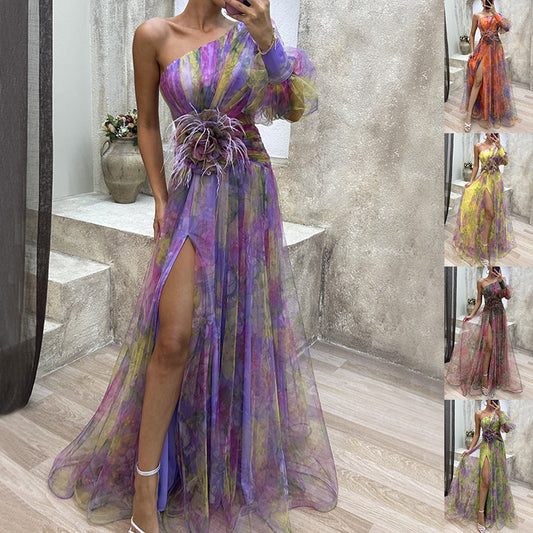 Mesh Tie-dye Printed Off-shoulder Slit Dress Summer INS Fashion Long Dress Party Womens Clothing - KuzuSHOP
