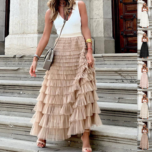 Layered Ruffles Cake Skirt Summer Fashion A Line Swing Mesh Long Skirt Party Dress Women - KuzuSHOP