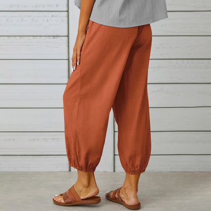 Women Drawstring Tie Pants Spring Summer Cotton And Linen Trousers With Pockets Button - KuzuSHOP