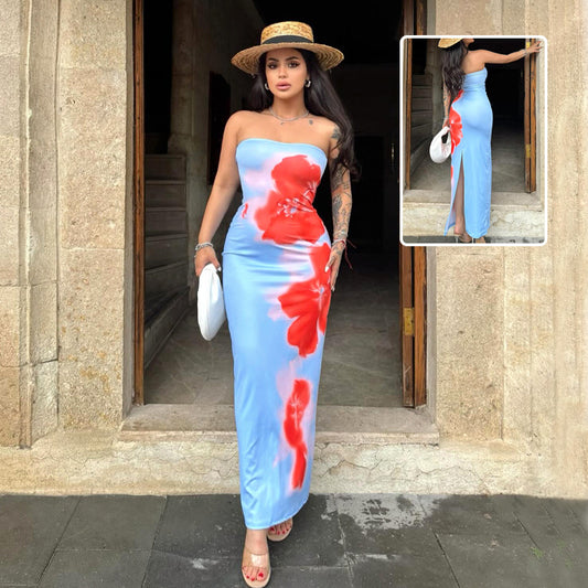 Slim Slit Tube Long Dress Summer Sexy Pint Party Beach Dresses Women's Clothing - KuzuSHOP