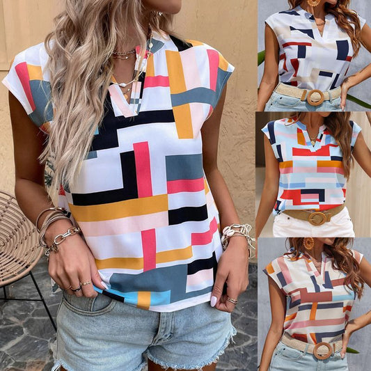 Women's Digital Print Doll Sleeve V-Neck Top - KuzuSHOP