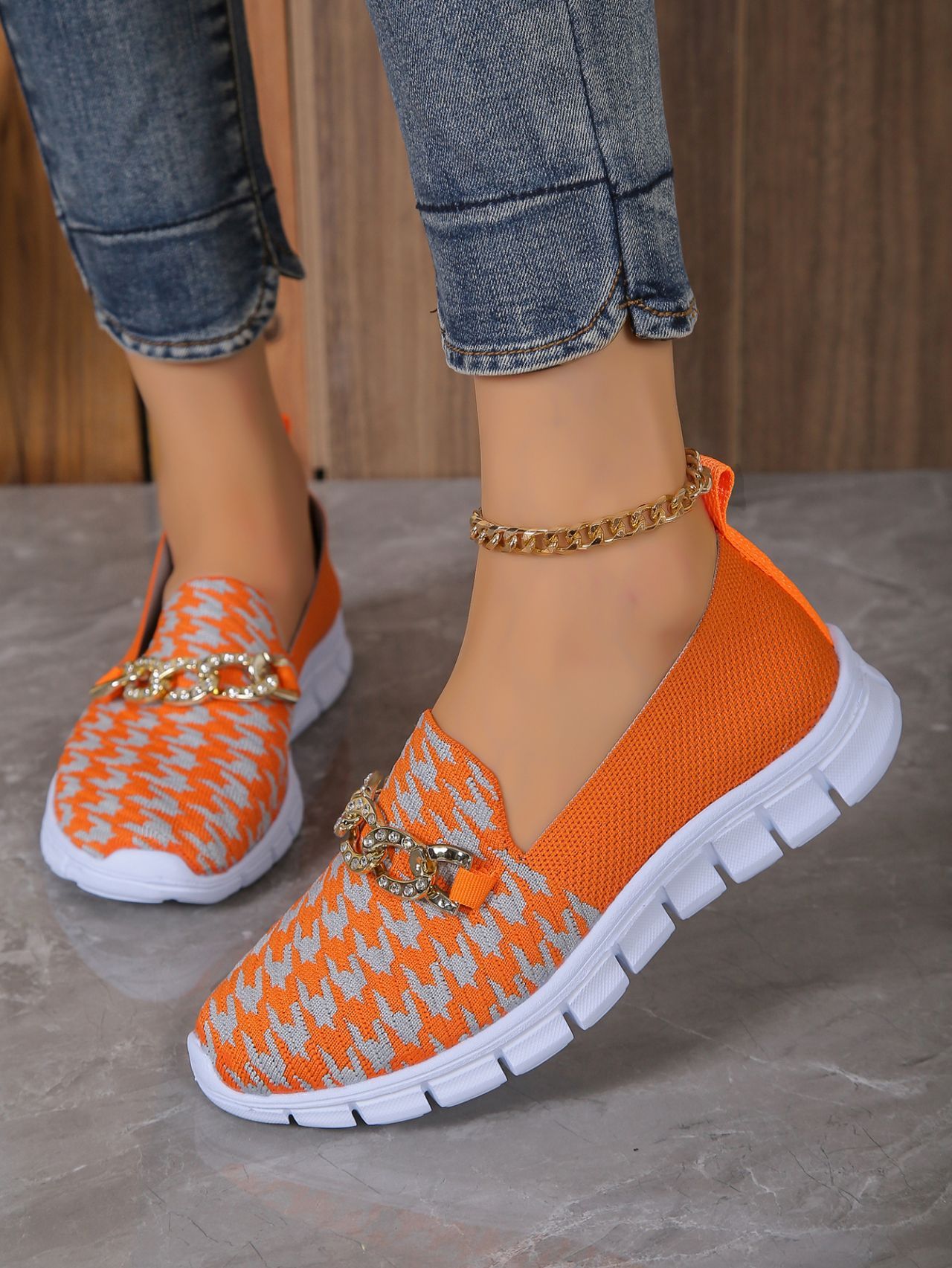 Casual Houndstooth Print Chain Mesh Shoes Summer Walking Sports Flat Shoes Women Breathable Loafers - KuzuSHOP