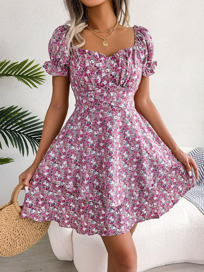 Women Mini Dress Temperament Big Swing Loose Hem Flower Print Shirring Dress Up Short Sleeves High Waist Summer Dress Clothes - KuzuSHOP