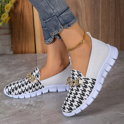 Casual Houndstooth Print Chain Mesh Shoes Summer Walking Sports Flat Shoes Women Breathable Loafers - KuzuSHOP