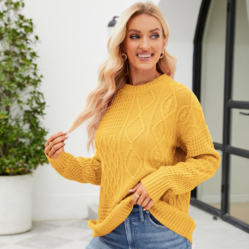 Casual Round-neck Pullover Sweater Fall Winter Solid Color Cable-knot Pattern Tops Women Clothing - KuzuSHOP