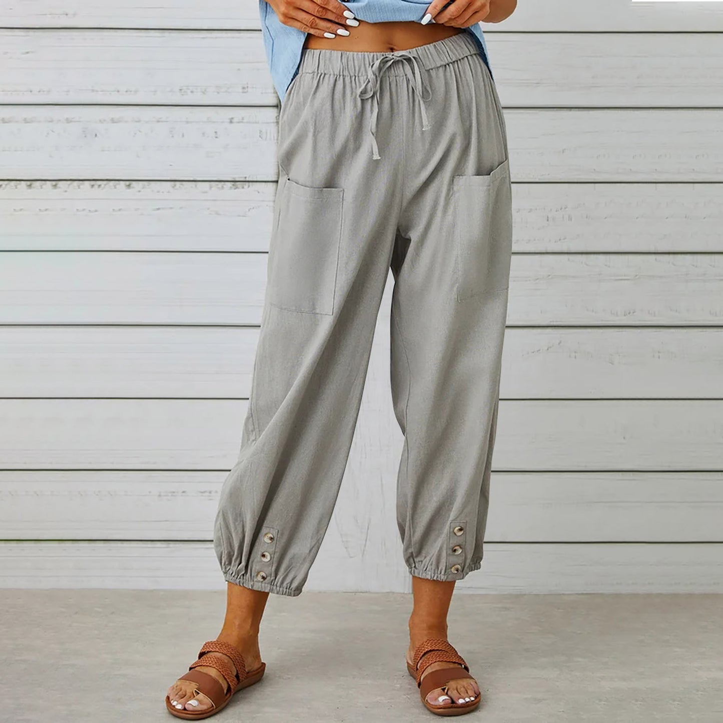 Women Drawstring Tie Pants Spring Summer Cotton And Linen Trousers With Pockets Button - KuzuSHOP