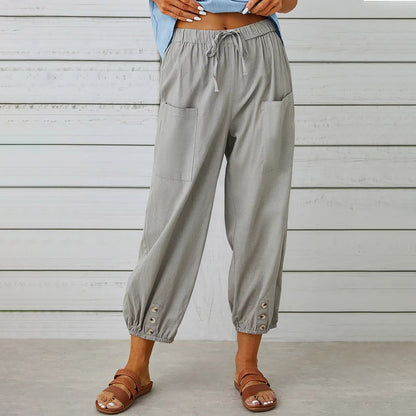 Women Drawstring Tie Pants Spring Summer Cotton And Linen Trousers With Pockets Button - KuzuSHOP
