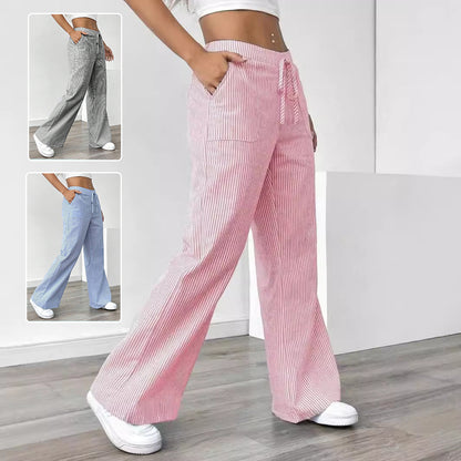 New Striped Trousers With Pockets Casual Versatile Loose Wide Leg Pants Women's Clothing