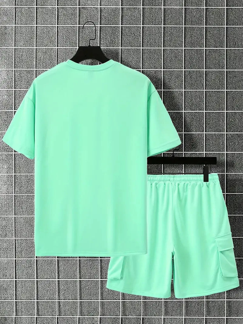 Men's Outfit, Solid Casual Loose Crew Neck Short Sleeve T-Shirt & Drawstring Shorts With Multi Pockets 2-piece Set For Summer Outdoor Activities - KuzuSHOP