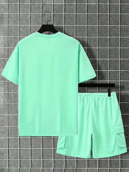 Men's Outfit, Solid Casual Loose Crew Neck Short Sleeve T-Shirt & Drawstring Shorts With Multi Pockets 2-piece Set For Summer Outdoor Activities - KuzuSHOP