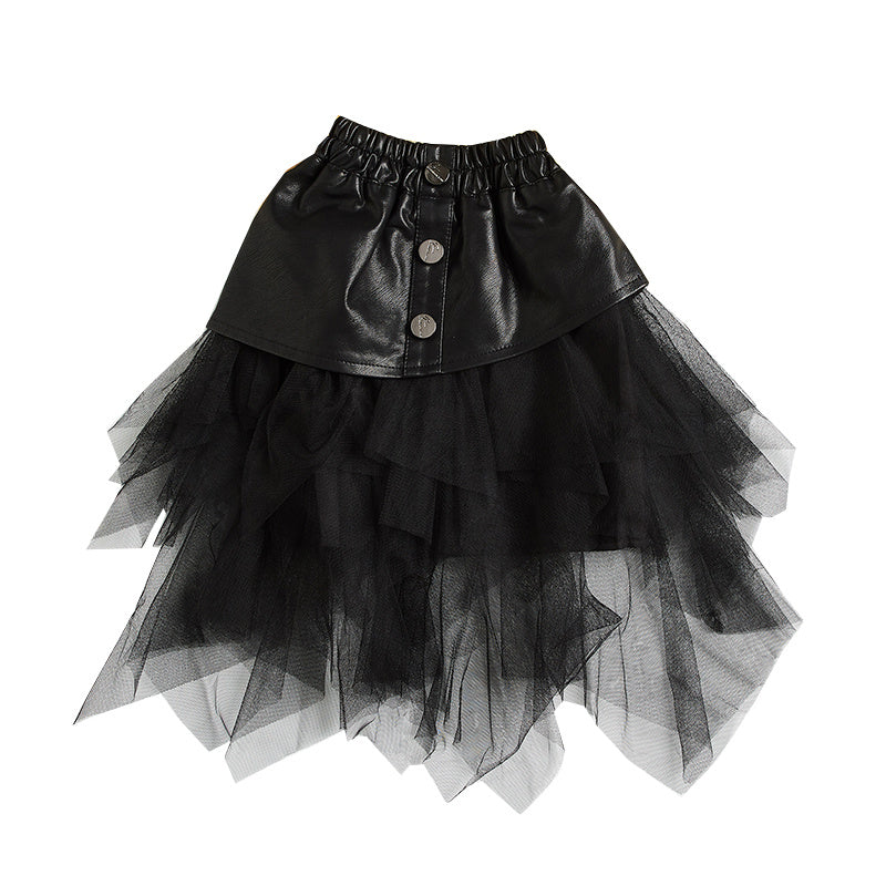 Children's Big Kids Net Gauze Girl Pu Leather Skirt - KuzuSHOP
