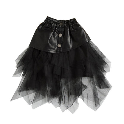 Children's Big Kids Net Gauze Girl Pu Leather Skirt - KuzuSHOP