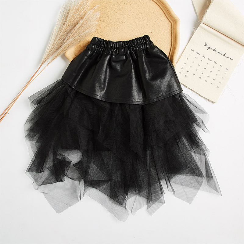 Children's Big Kids Net Gauze Girl Pu Leather Skirt - KuzuSHOP