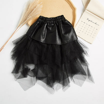 Children's Big Kids Net Gauze Girl Pu Leather Skirt - KuzuSHOP