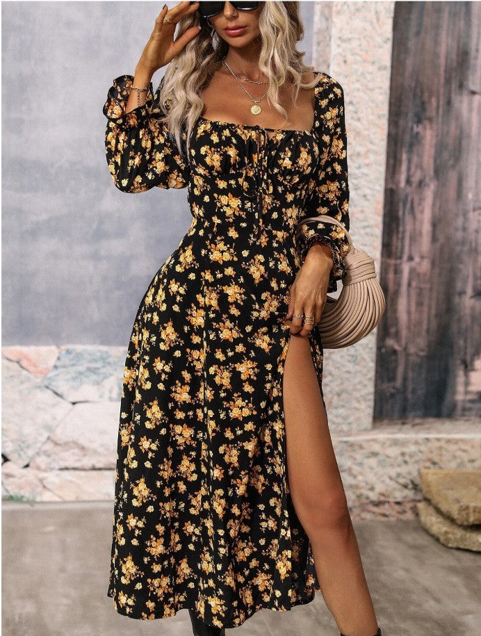 Flowers Printing Long Sleeve Dress Fashion Square-neck Bottom Slit Dresses Womens  Clothing - KuzuSHOP