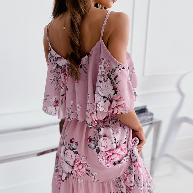 Flower Printed Ruffled Suspender Dress Summer Off-the-shoulder Strap Dresses Women - KuzuSHOP