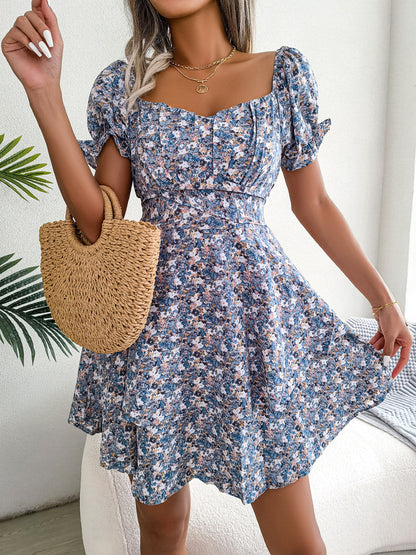 Women Mini Dress Temperament Big Swing Loose Hem Flower Print Shirring Dress Up Short Sleeves High Waist Summer Dress Clothes - KuzuSHOP