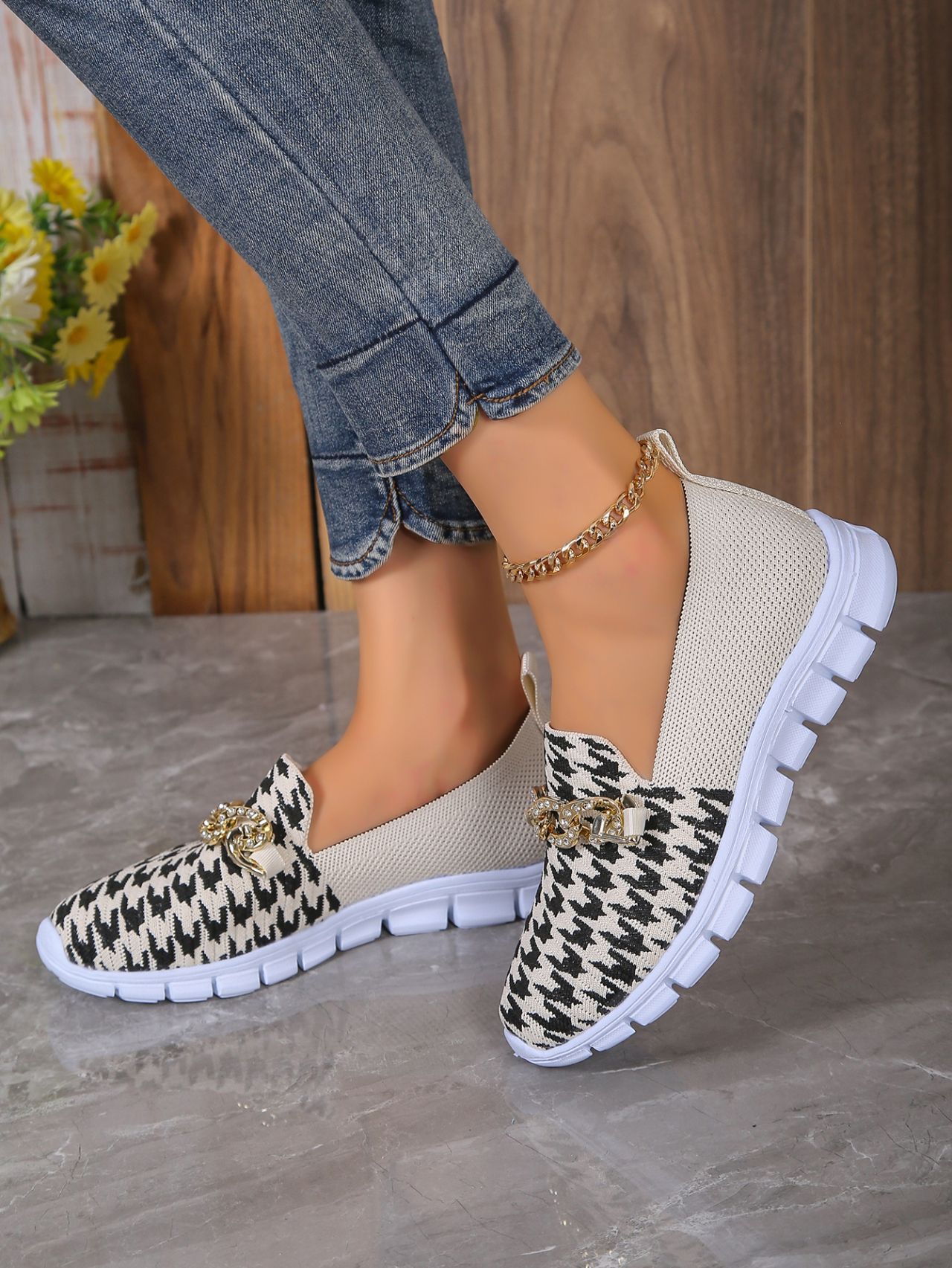 Casual Houndstooth Print Chain Mesh Shoes Summer Walking Sports Flat Shoes Women Breathable Loafers - KuzuSHOP