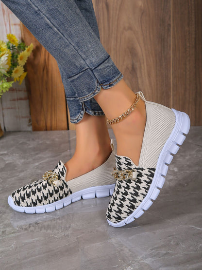 Casual Houndstooth Print Chain Mesh Shoes Summer Walking Sports Flat Shoes Women Breathable Loafers - KuzuSHOP