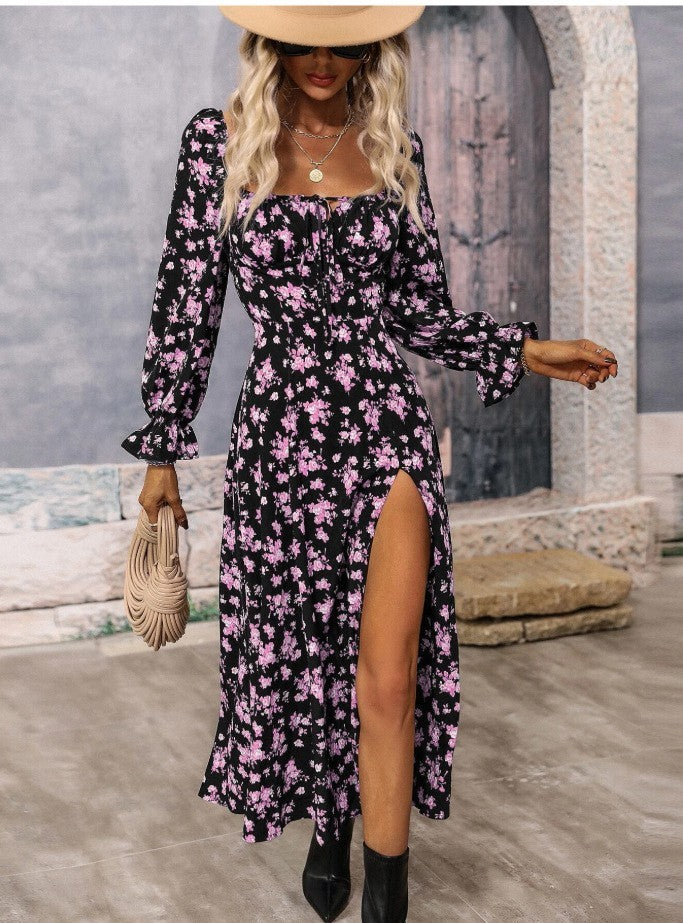 Flowers Printing Long Sleeve Dress Fashion Square-neck Bottom Slit Dresses Womens  Clothing - KuzuSHOP