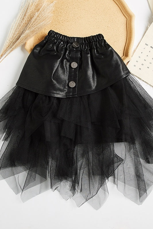 Children's Big Kids Net Gauze Girl Pu Leather Skirt - KuzuSHOP