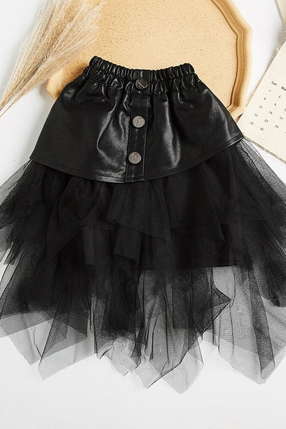 Children's Big Kids Net Gauze Girl Pu Leather Skirt - KuzuSHOP