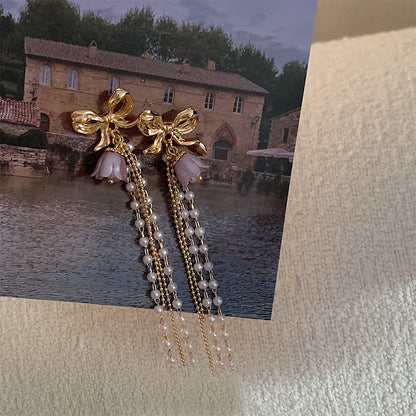 Romantic Earrings Lavender Linglan Pearl Tassel Ear Clip - KuzuSHOP