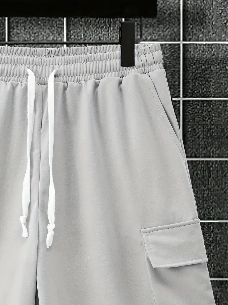 Men's Outfit, Solid Casual Loose Crew Neck Short Sleeve T-Shirt & Drawstring Shorts With Multi Pockets 2-piece Set For Summer Outdoor Activities - KuzuSHOP
