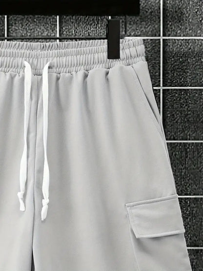 Men's Outfit, Solid Casual Loose Crew Neck Short Sleeve T-Shirt & Drawstring Shorts With Multi Pockets 2-piece Set For Summer Outdoor Activities - KuzuSHOP