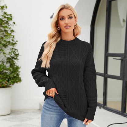 Casual Round-neck Pullover Sweater Fall Winter Solid Color Cable-knot Pattern Tops Women Clothing - KuzuSHOP
