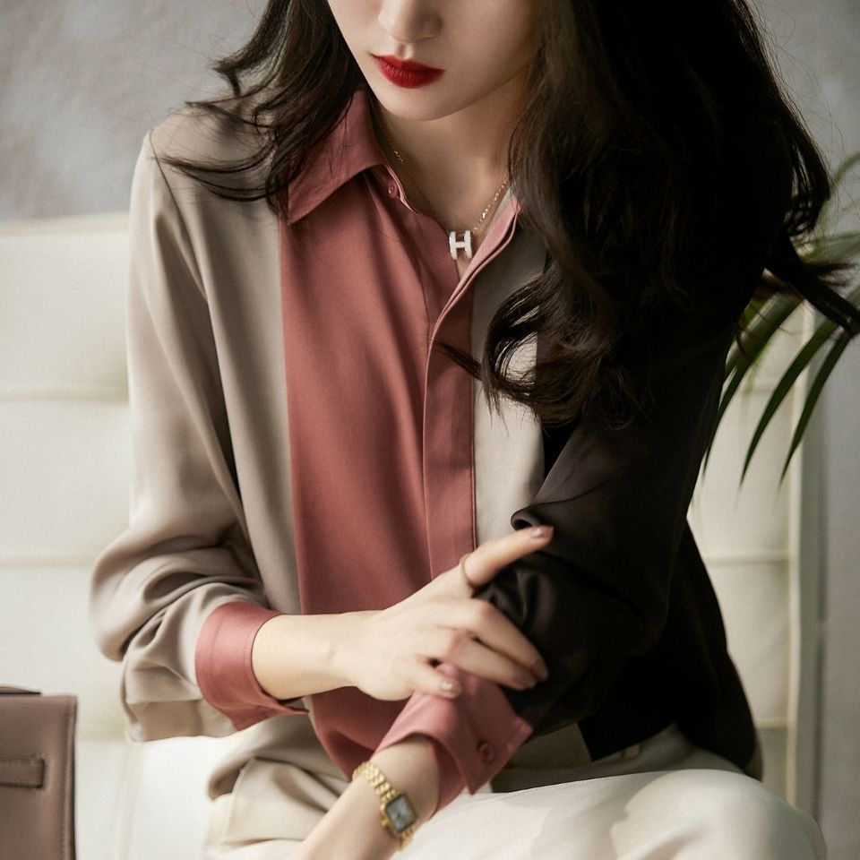 Color-blocking shirt long-sleeved women's autumn 2024 new shirt loose foreign style niche chiffon shirt professional wear top women