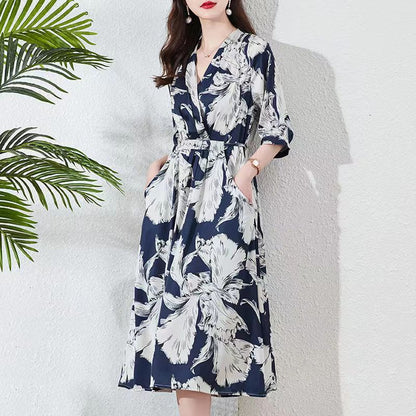 Waist-controlled Lace-up Sleeve V-neck Printed Skirt - KuzuSHOP