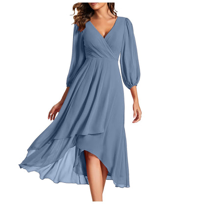 Women's V-neck Long-sleeved Dress Loose Party Evening Dress - KuzuSHOP