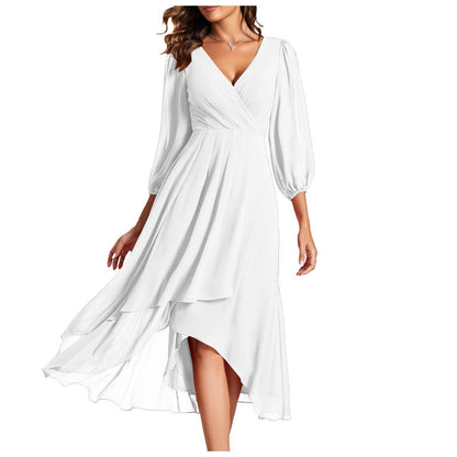 Women's V-neck Long-sleeved Dress Loose Party Evening Dress - KuzuSHOP