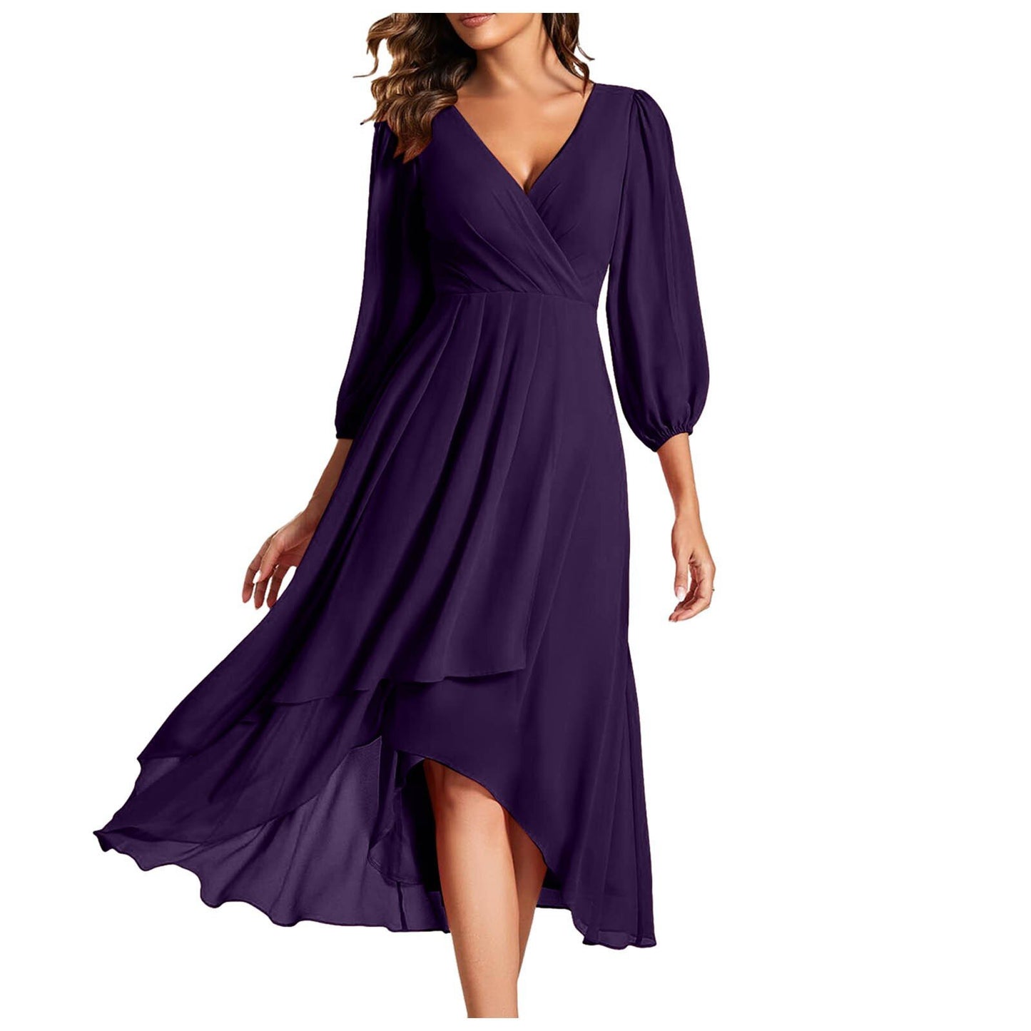 Women's V-neck Long-sleeved Dress Loose Party Evening Dress - KuzuSHOP