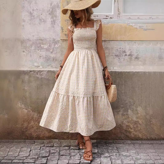 Women's Elastic Large Swing Plaid Dress - KuzuSHOP