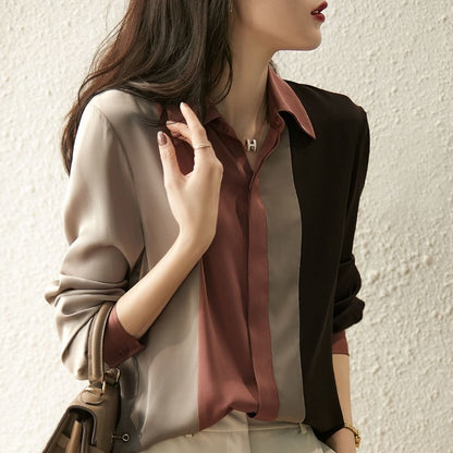 Color-blocking shirt long-sleeved women's autumn 2024 new shirt loose foreign style niche chiffon shirt professional wear top women