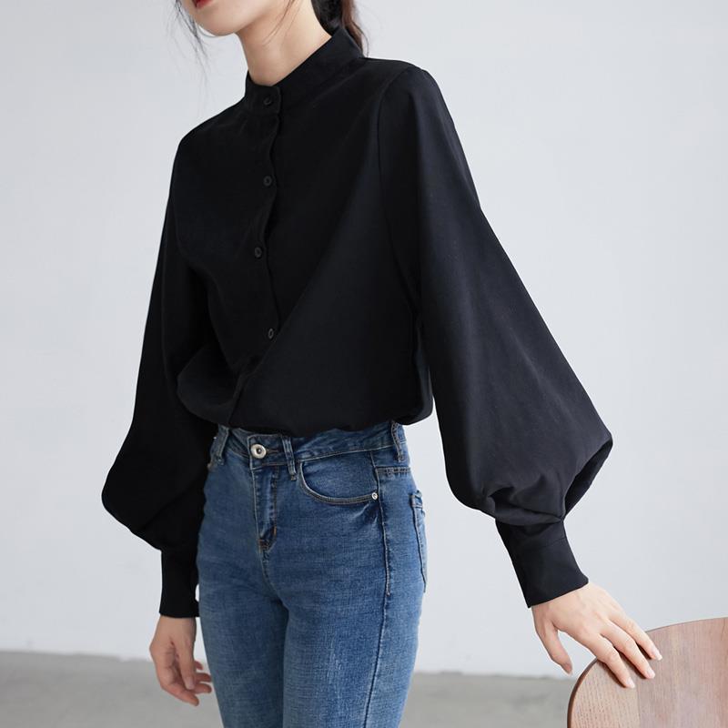 Black stand-up collar shirt women's design sense niche lantern sleeve top clothes