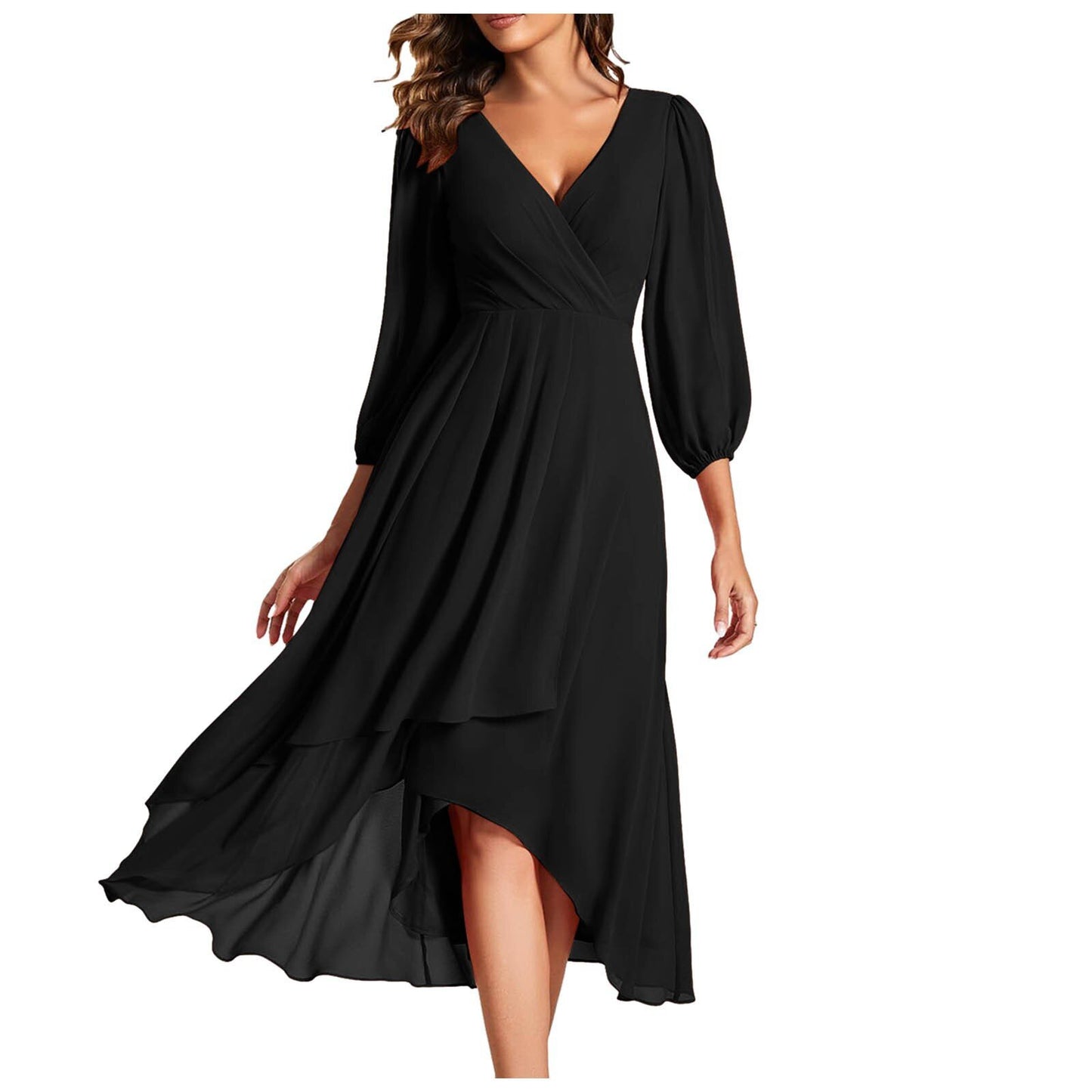 Women's V-neck Long-sleeved Dress Loose Party Evening Dress - KuzuSHOP