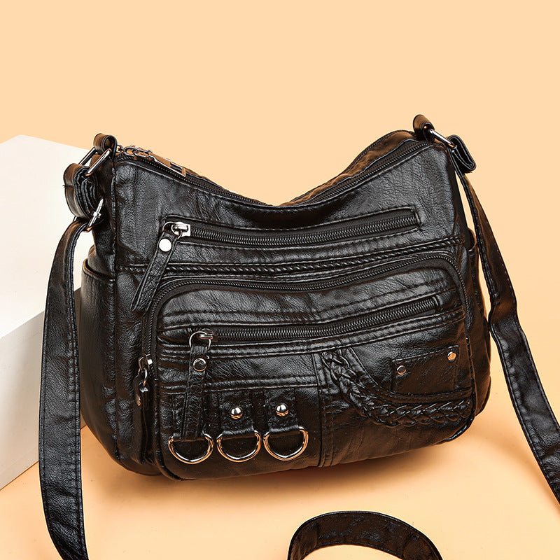 2023 Spring New Crossbody Bag Mom Shoulder Bag Washed Soft Leather Ladies Small Bag Middle-aged and Elderly All-match Women's Bag